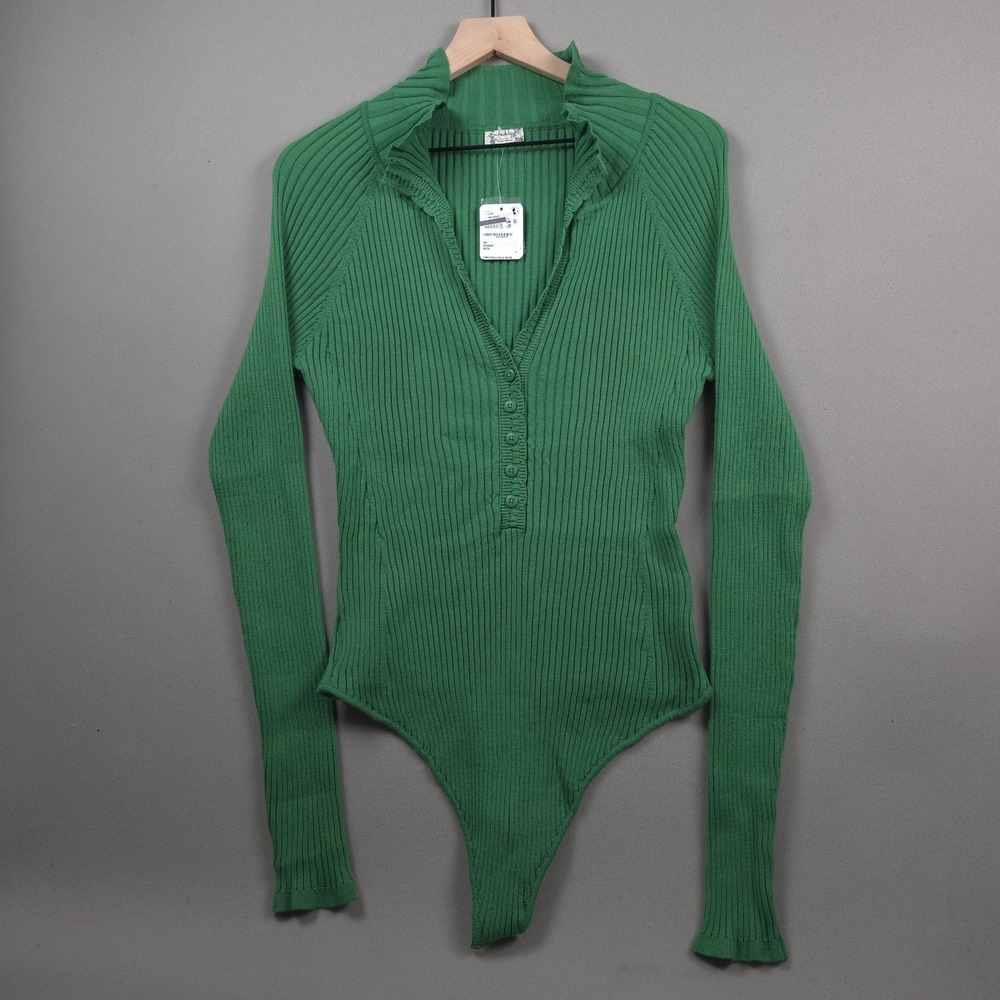 Free People Intimately Ribbed Knit Henley Bodysuit Women L Green NWT Long Sleeve